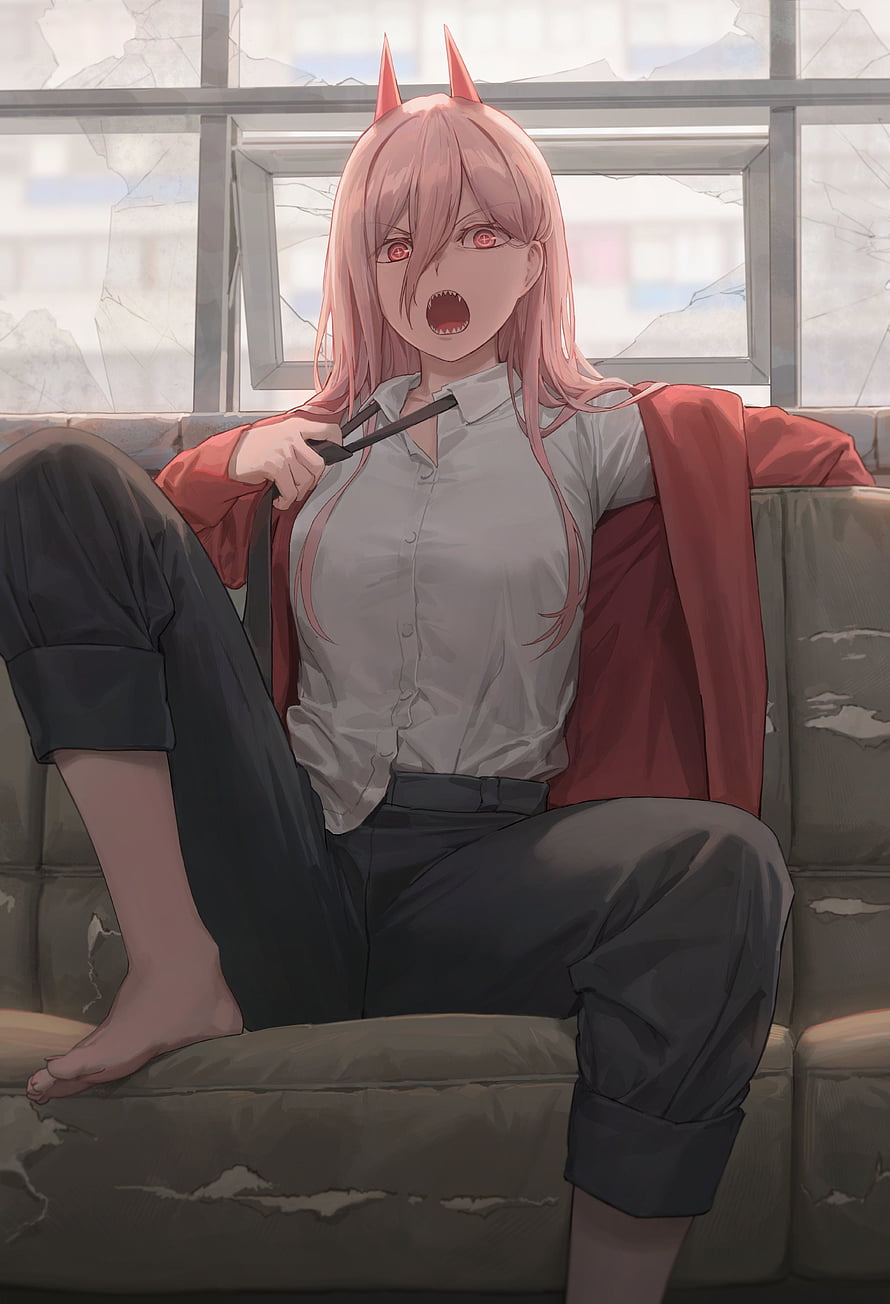Power from Chainsaw Man Sitting on a Worn Couch in an Office Setting, Power (Chainsaw Man) Anime Board HD phone wallpaper