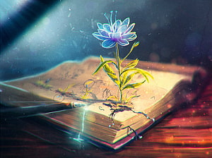 Glowing Blue Flower Growing From an Open Book With a Pen in a Dreamlike Setting HD wallpaper