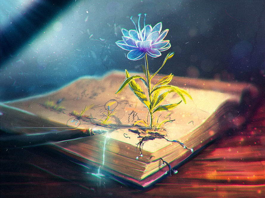 Glowing Blue Flower Growing From an Open Book With a Pen in a Dreamlike Setting HD wallpaper