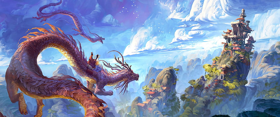 Majestic Chinese Dragon Soaring Over Floating Mountain Temple in Fantasy Landscape HD wallpaper