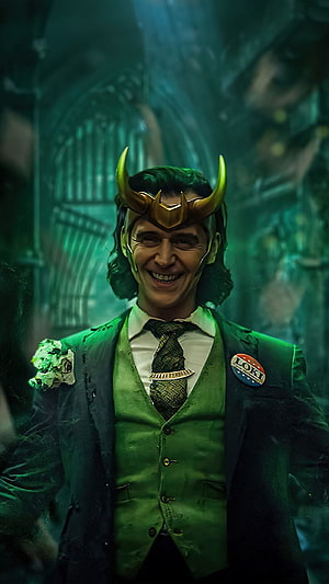 Loki in Green Suit and Horned Helmet Smiling in Asgardian Hallway HD phone wallpaper