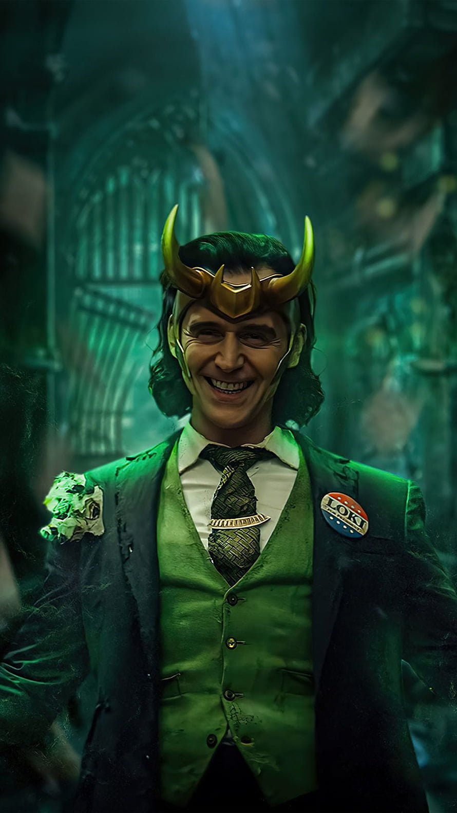 Loki in Green Suit and Horned Helmet Smiling in Asgardian Hallway HD phone wallpaper