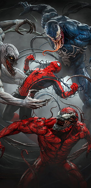 Spider-Man, Venom, and Carnage in a Dark Symbiote Battle Scene HD phone wallpaper