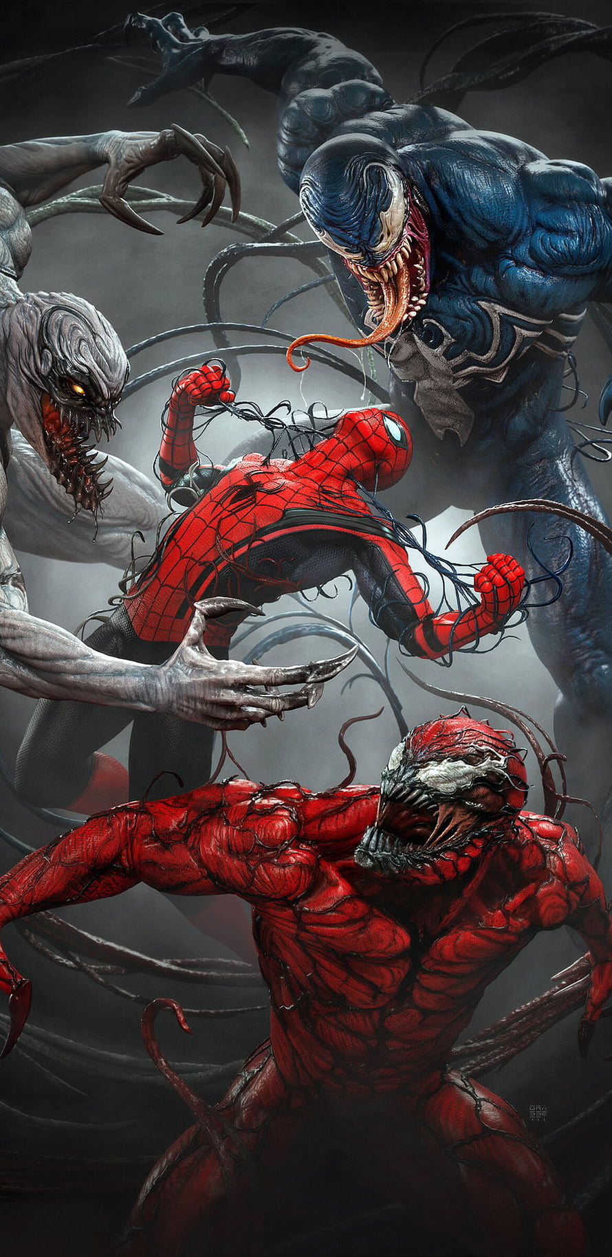 Spider-Man, Venom, and Carnage in a Dark Symbiote Battle Scene HD phone wallpaper