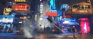 Neon-lit Cyberpunk Street Scene with Drone and Pink-Haired Figure HD wallpaper