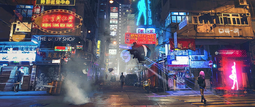Neon-lit Cyberpunk Street Scene with Drone and Pink-Haired Figure HD wallpaper