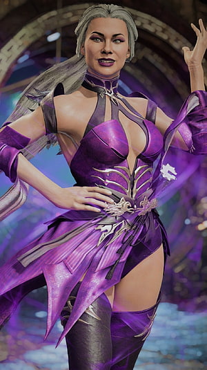 Sindel from Mortal Kombat in a purple and silver ornate outfit with long silver hair HD phone wallpaper