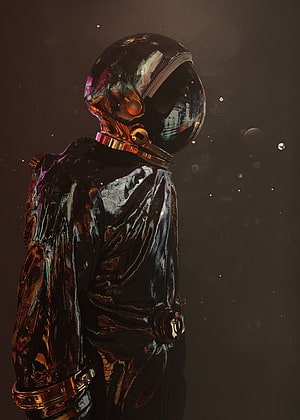 Iridescent Astronaut in a Reflective Chrome Spacesuit Against a Dark Cosmic Background HD phone wallpaper
