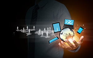 Businessman Holding Glowing Globe with Digital Devices and Global Network Map, Information Technology Network Hand Business HD wallpaper