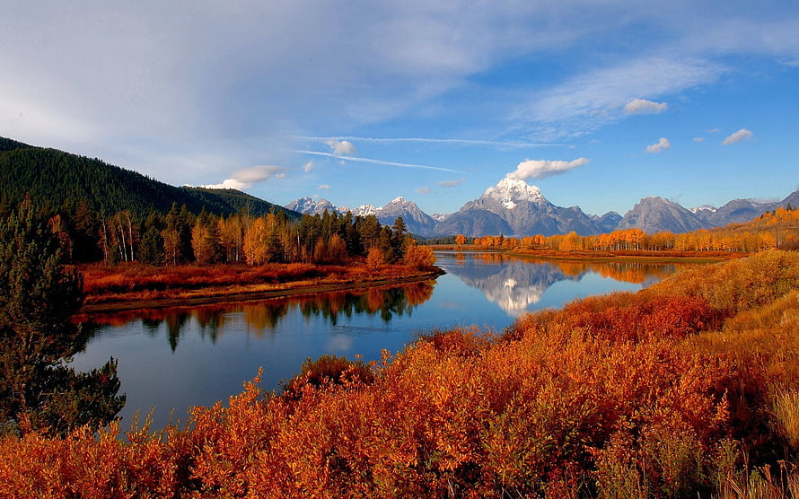 Autumn River Landscape with Snow-Capped Mountains and Vibrant Foliage Reflections HD wallpaper