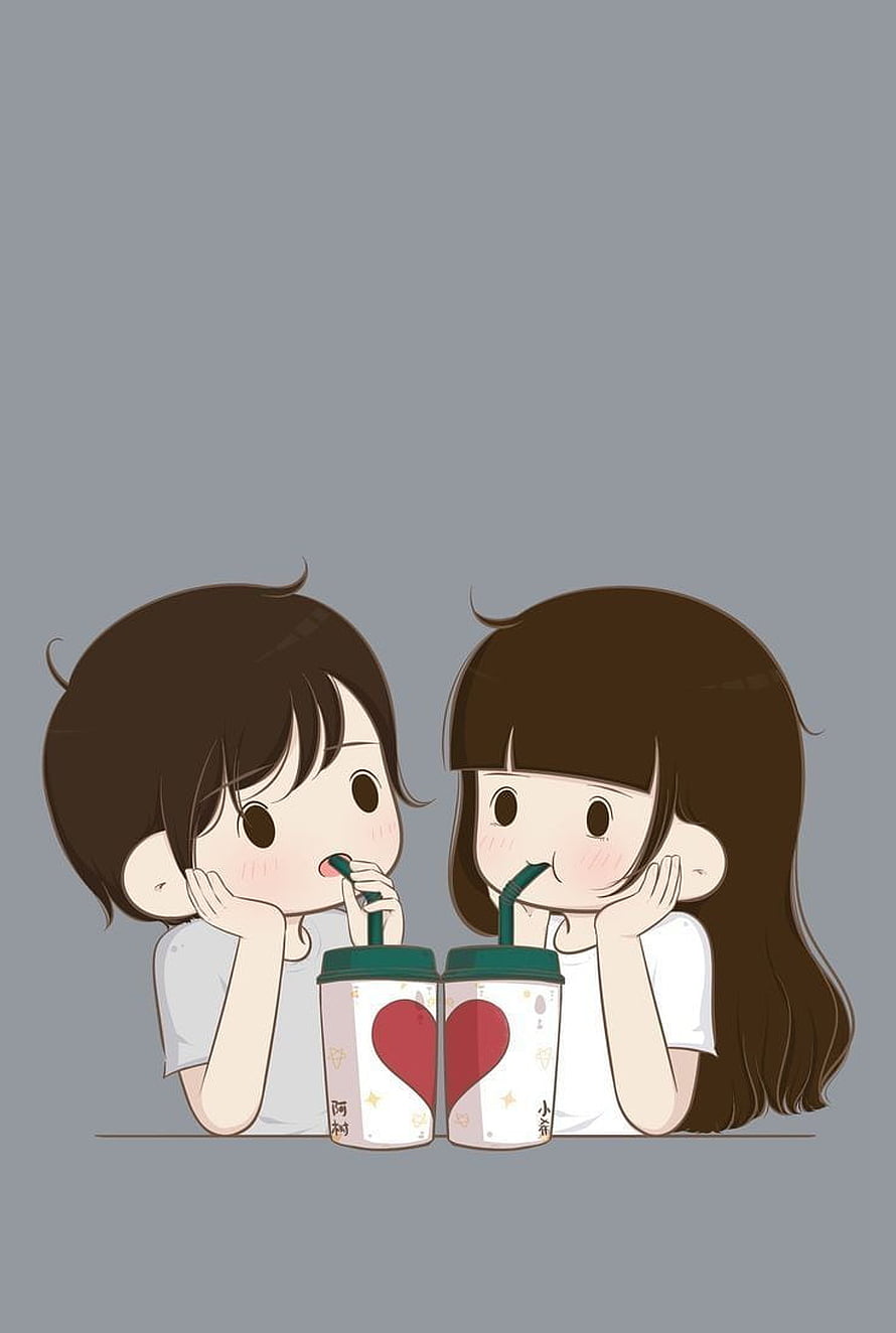 Cute Anime Couple Sharing a Heart-Shaped Drink in Kawaii Illustration Style HD phone wallpaper