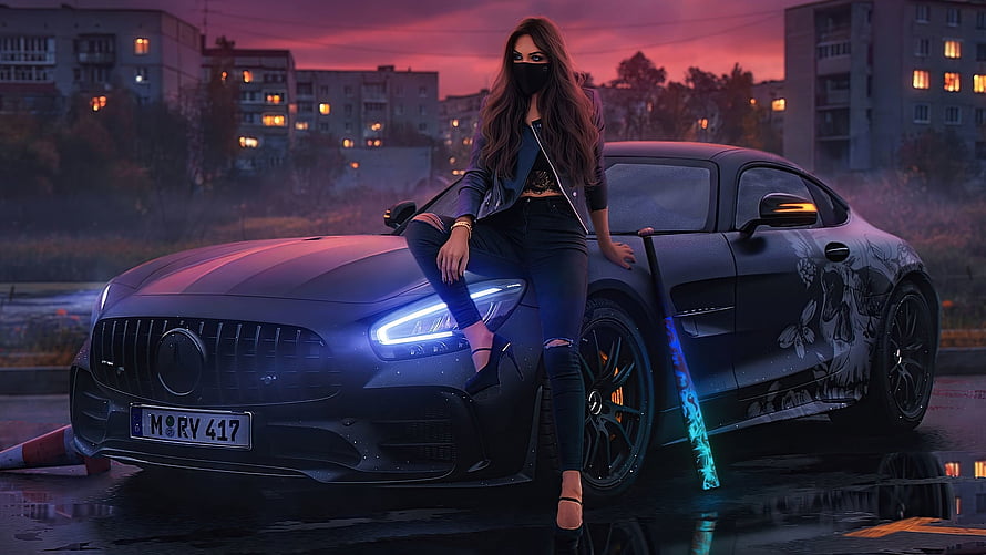 Woman in Mask Leaning on Black Mercedes AMG GT at Dusk HD wallpaper