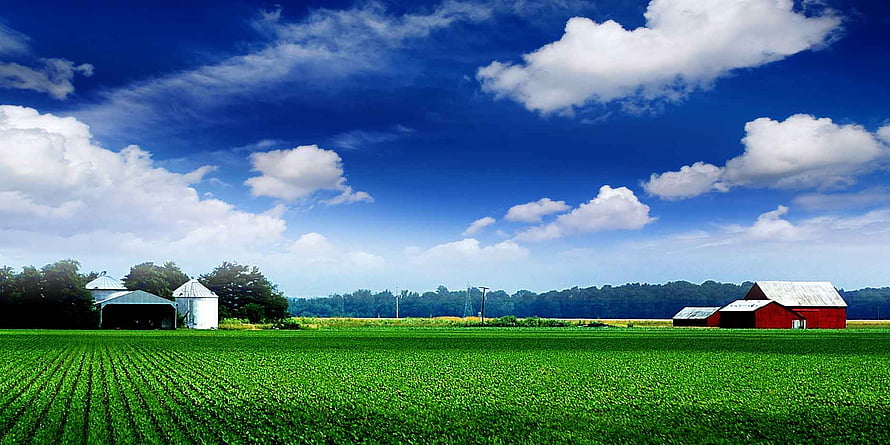 Vast Green Farmland with Red Barn and Silos Under a Bright Blue Sky HD wallpaper