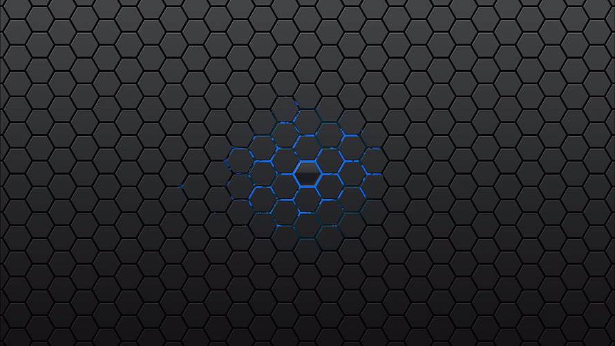 Dark Hexagonal Honeycomb Pattern with Glowing Blue Geometric Center HD wallpaper