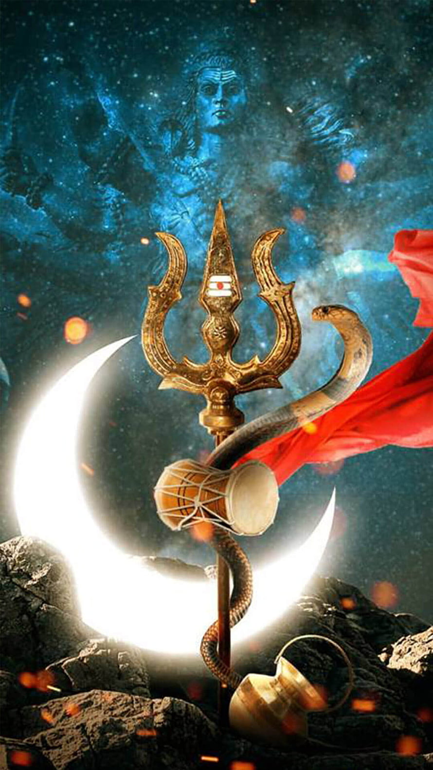 Lord Shiva Trishul with Crescent Moon, Snake, and Damaru in Cosmic Setting HD phone wallpaper