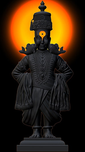 Vitthal Deity Sculpture with Orange Halo and Black Ornate Attire HD phone wallpaper