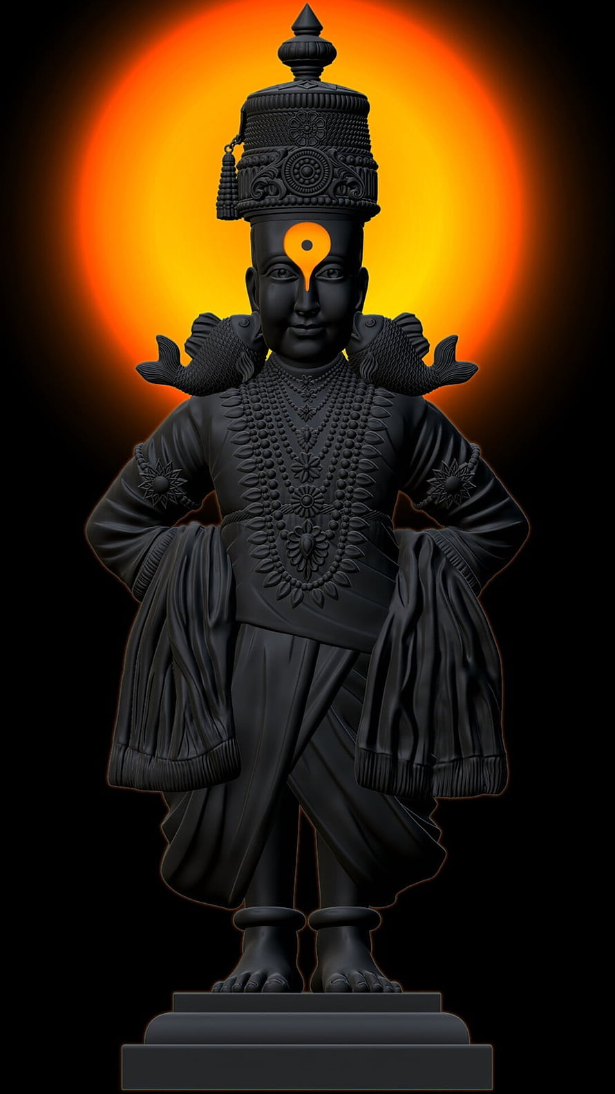 Vitthal Deity Sculpture with Orange Halo and Black Ornate Attire HD phone wallpaper