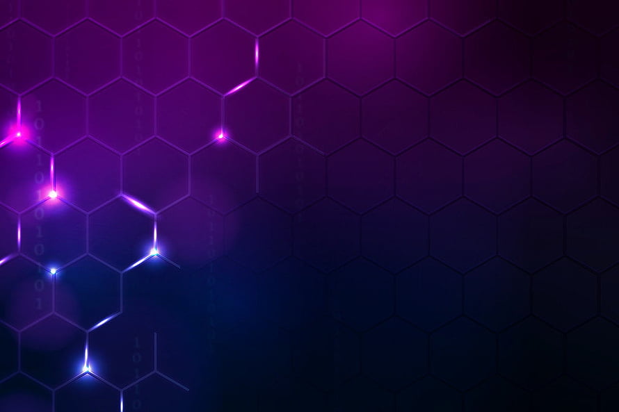 Purple Hexagonal Technology Background with Neon Network Nodes and Digital Data Streams HD wallpaper