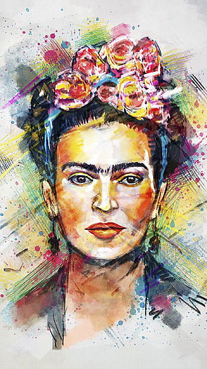 Vibrant Watercolor Portrait of Frida Kahlo with Floral Crown and Expressive Brushstrokes HD phone wallpaper