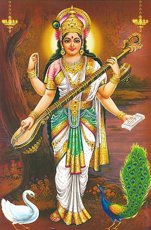 Goddess Saraswati Playing Veena with Peacock and Swan in Traditional Indian Art HD phone wallpaper