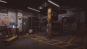 Dimly Lit Car Garage Interior With Vehicle On Hydraulic Lift And Tool Wall HD wallpaper