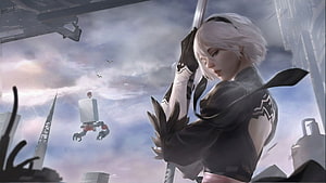 NieR Automata 2B Character Artwork with Floating Robot in Futuristic Cityscape HD wallpaper