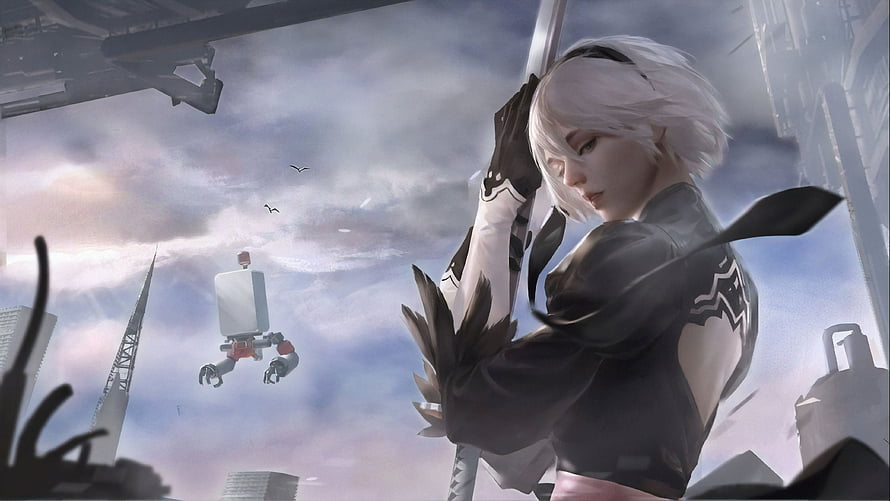 NieR Automata 2B Character Artwork with Floating Robot in Futuristic Cityscape HD wallpaper