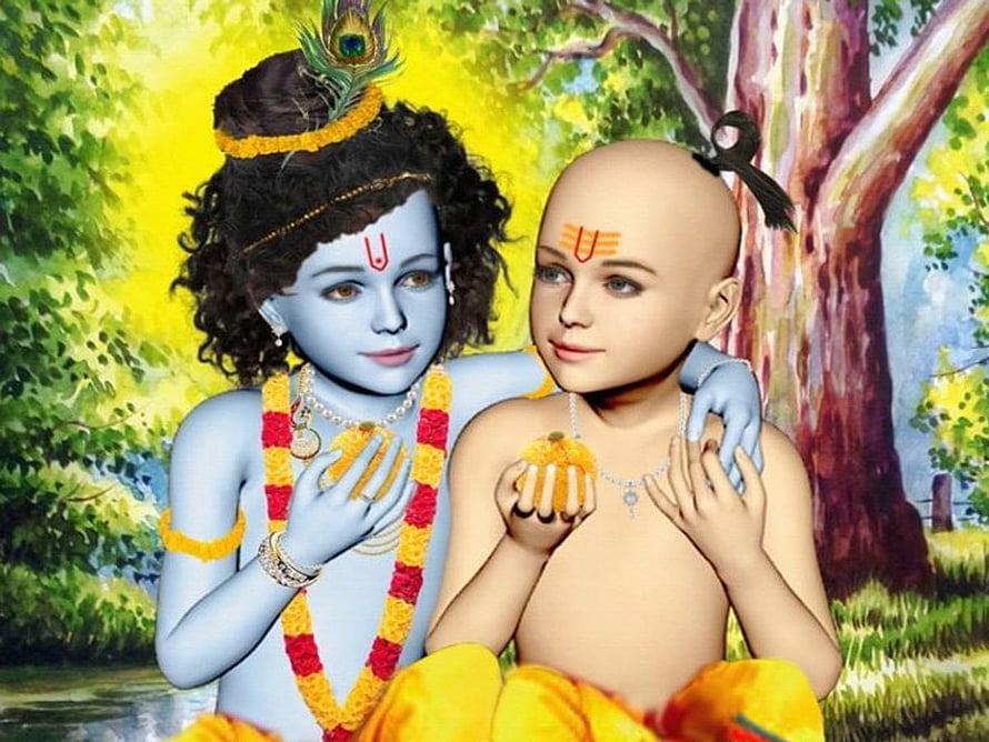 Krishna and Sudama Sharing Sweet in Lush Forest Setting HD wallpaper