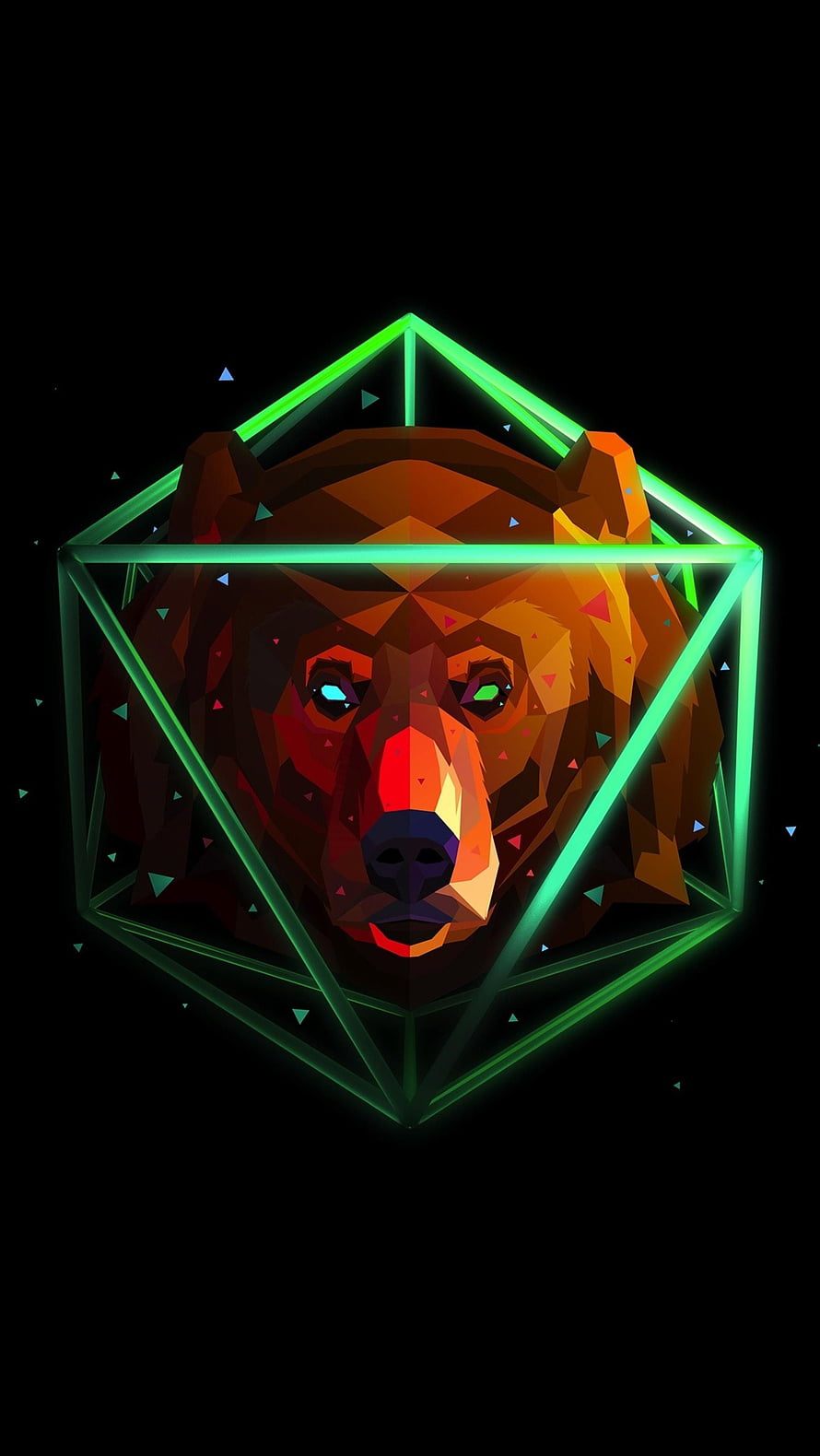 Geometric Low Poly Bear Head with Neon Green Wireframe Cube on Black Background HD phone wallpaper