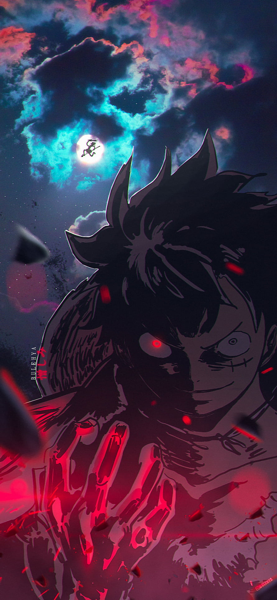 One Piece Monkey D. Luffy Gear 5 Anime Artwork with Red Energy and Dramatic Night Sky HD phone wallpaper