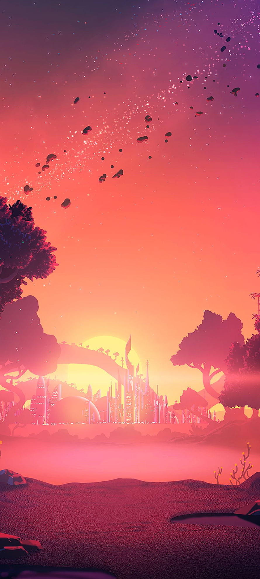 Vibrant Sci-Fi Cityscape at Sunset with Floating Debris and Alien Flora HD phone wallpaper