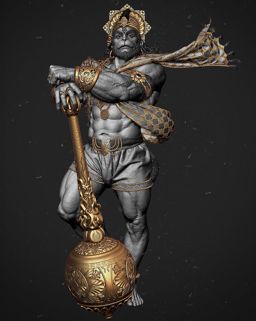Hanuman 3D Sculpture with Golden Mace and Ornate Crown HD phone wallpaper