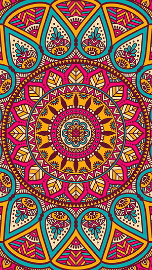 Vibrant Geometric Mandala Pattern with Floral Motifs in Pink, Teal, and Gold HD phone wallpaper