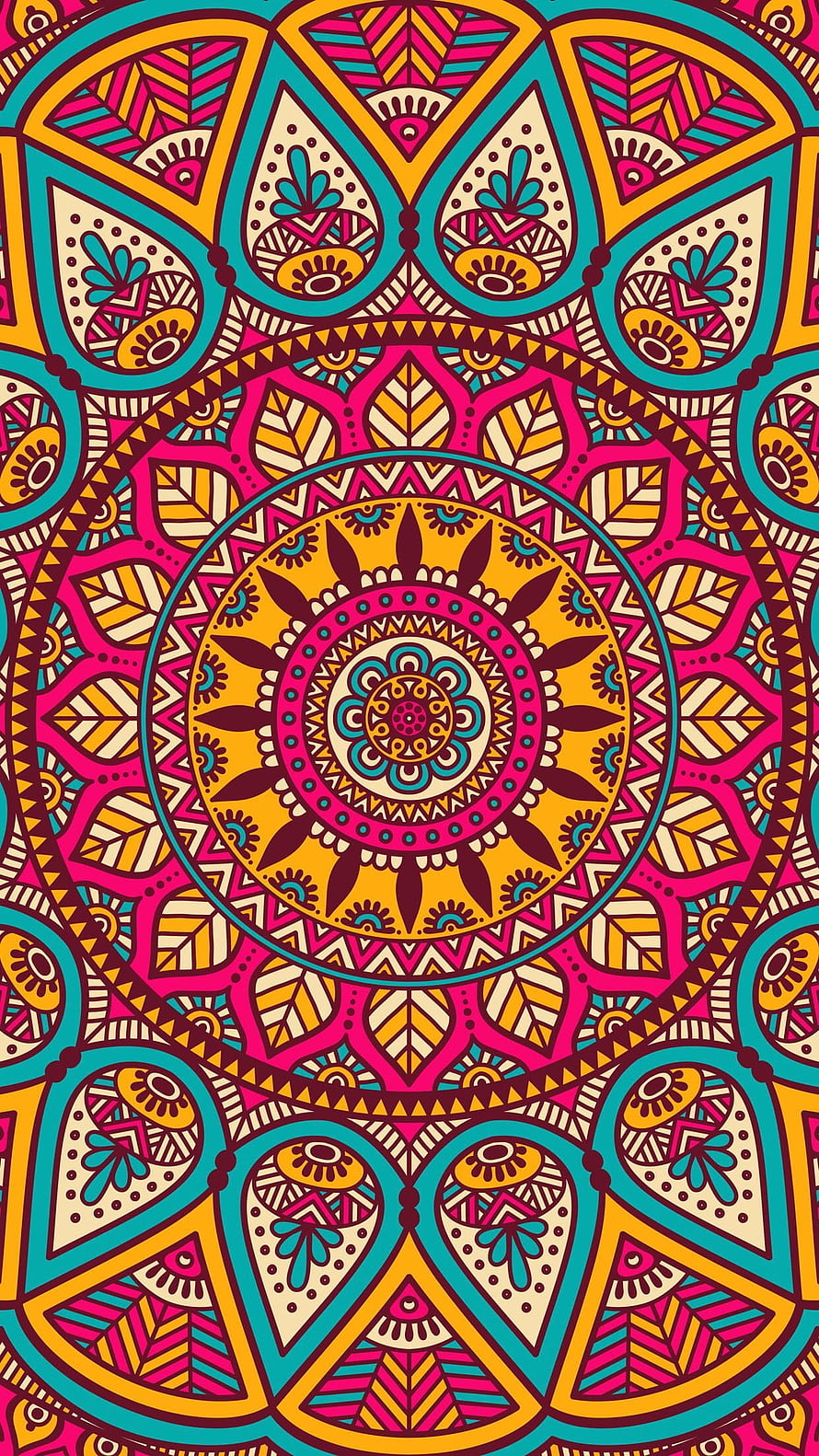 Vibrant Geometric Mandala Pattern with Floral Motifs in Pink, Teal, and Gold HD phone wallpaper