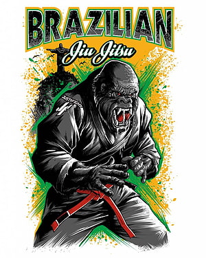 Aggressive Gorilla in BJJ Gi with Red Belt and Brazilian Jiu Jitsu Text HD phone wallpaper