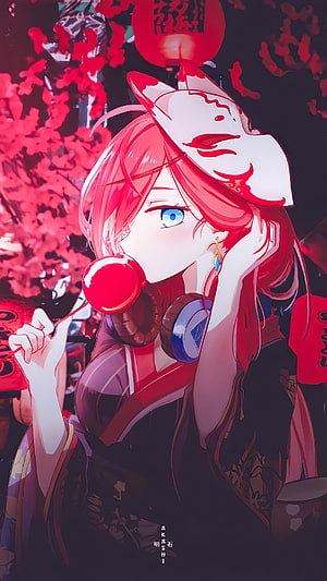 Red-Haired Anime Girl with Fox Mask and Candy Apple in Cherry Blossom Setting HD phone wallpaper