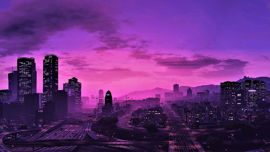 GTA 5 Los Santos Cityscape at Dusk with Purple Sky and Highway Interchange HD wallpaper