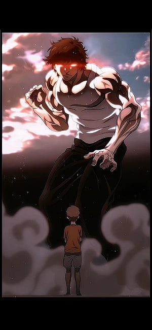 Baki Grappler Anime Illustration: Muscular Fighter with Glowing Red Eyes Towering Over a Boy in Dramatic Clouds HD phone wallpaper