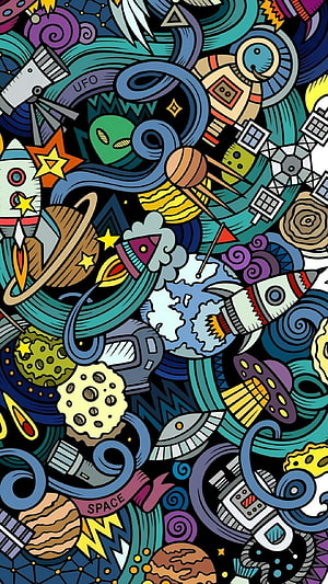 Jackson Ambrose Space Doodle Art with Rockets, Planets, and UFOs in Vibrant Pop Style HD phone wallpaper
