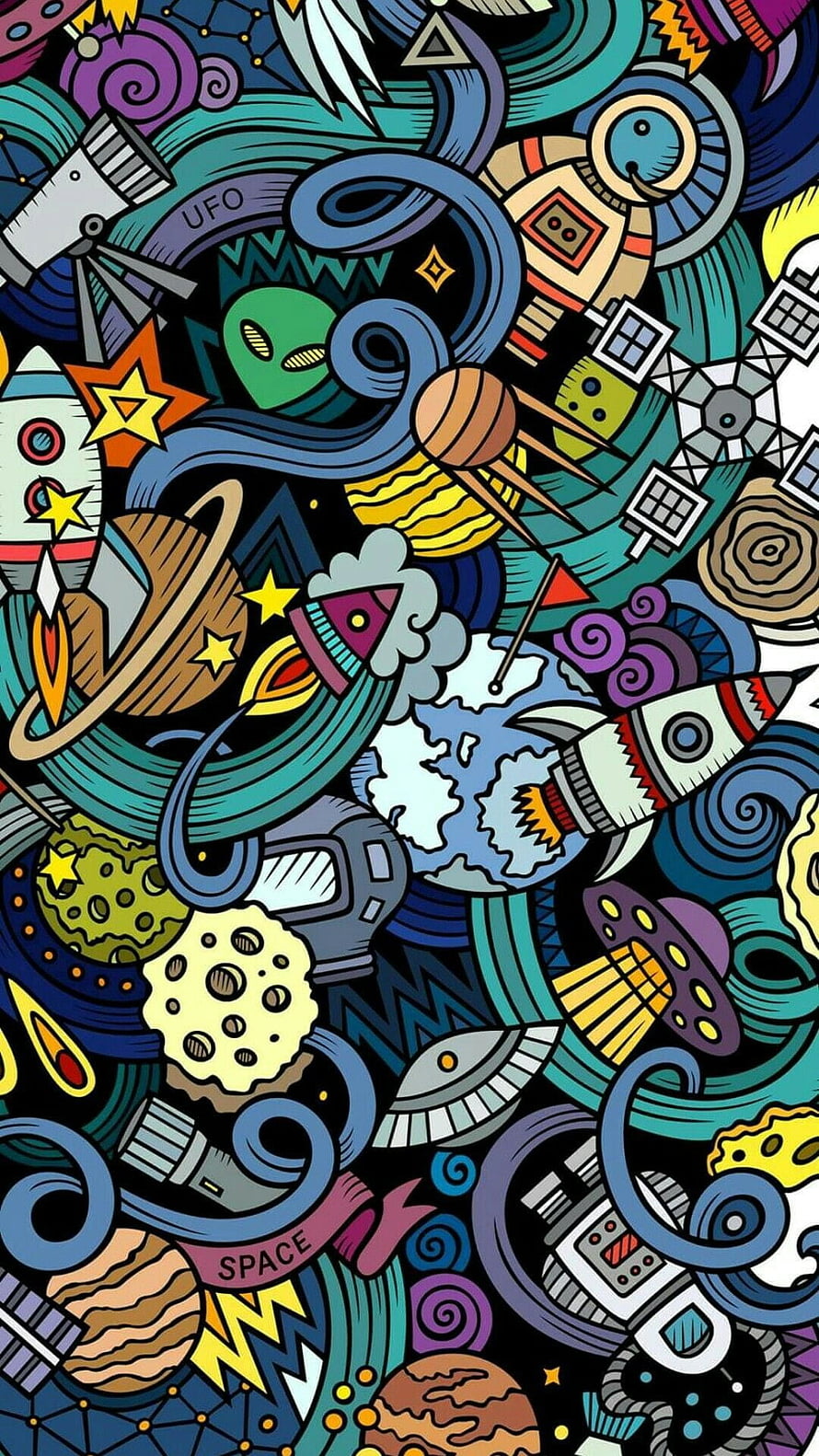 Jackson Ambrose Space Doodle Art with Rockets, Planets, and UFOs in Vibrant Pop Style HD phone wallpaper