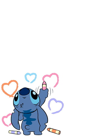 Cute Stitch Drawing Holding Crayon with Colorful Hearts on White Background HD phone wallpaper