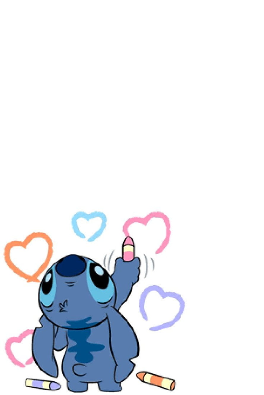 Cute Stitch Drawing Holding Crayon with Colorful Hearts on White Background HD phone wallpaper