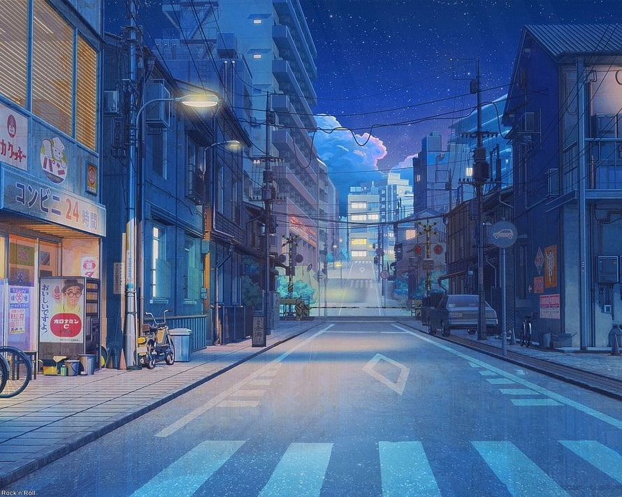 Serene Japanese Street at Night with Starry Sky and Soft Blue Lighting HD wallpaper