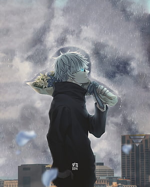 Satoru Gojo from Jujutsu Kaisen holding a bouquet of flowers in the rain against a city skyline HD phone wallpaper