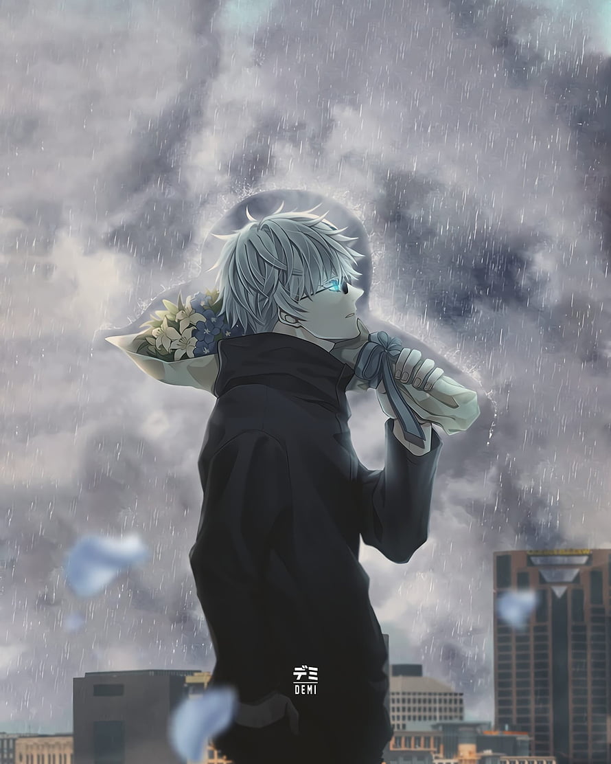 Satoru Gojo from Jujutsu Kaisen holding a bouquet of flowers in the rain against a city skyline HD phone wallpaper