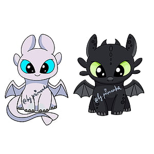 Cute Chibi Toothless and Light Fury Baby Dragons from How to Train Your Dragon HD phone wallpaper