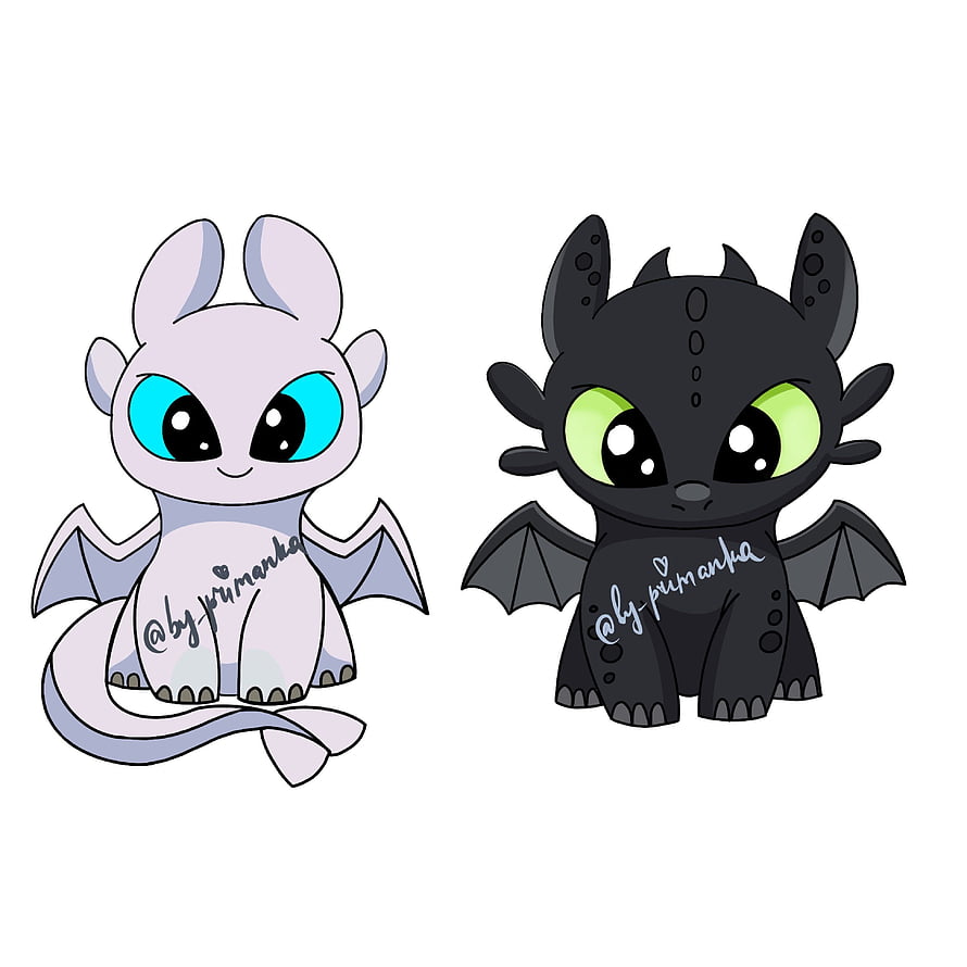 Cute Chibi Toothless and Light Fury Baby Dragons from How to Train Your Dragon HD phone wallpaper