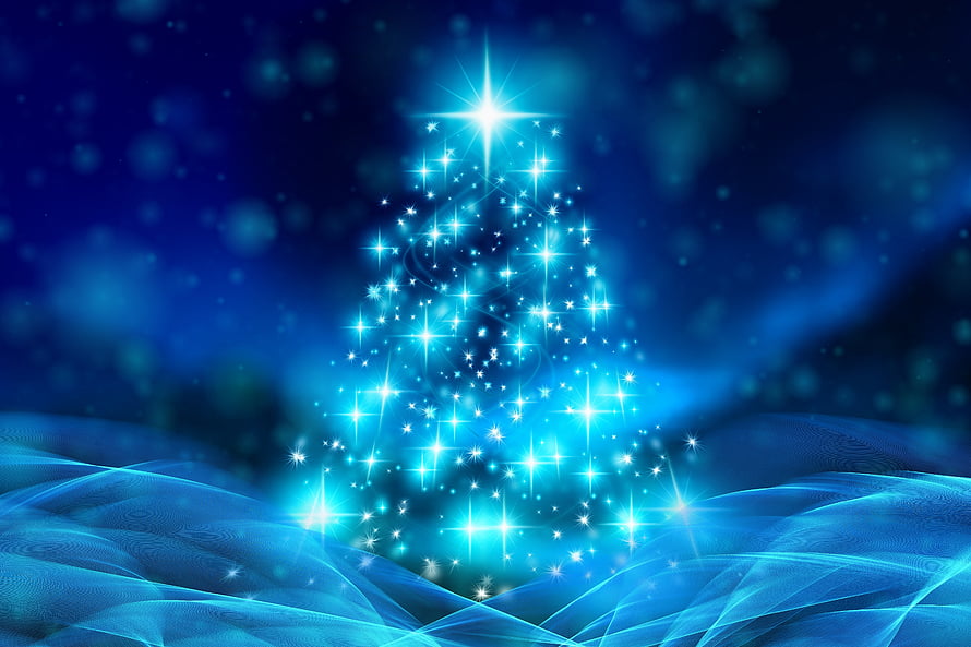 Glowing Blue Christmas Tree with Sparkling Lights and Snowy Landscape HD wallpaper