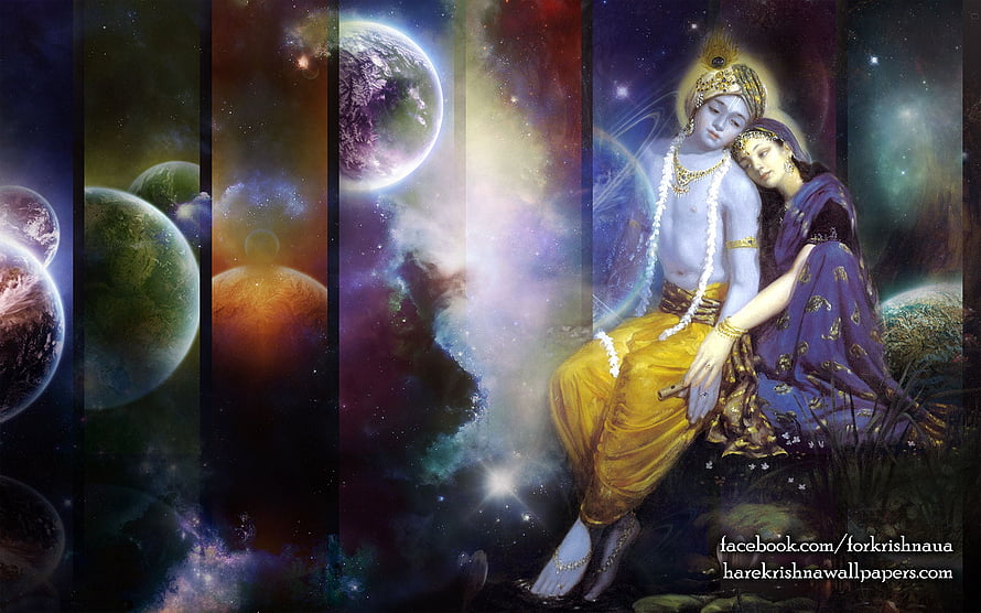 Krishna and Radha in a Cosmic Universe with Planets and Nebulae HD wallpaper