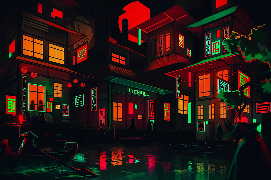 Cyberpunk Neon Alleyway with Glowing Signs and Rain-Soaked Reflections HD wallpaper